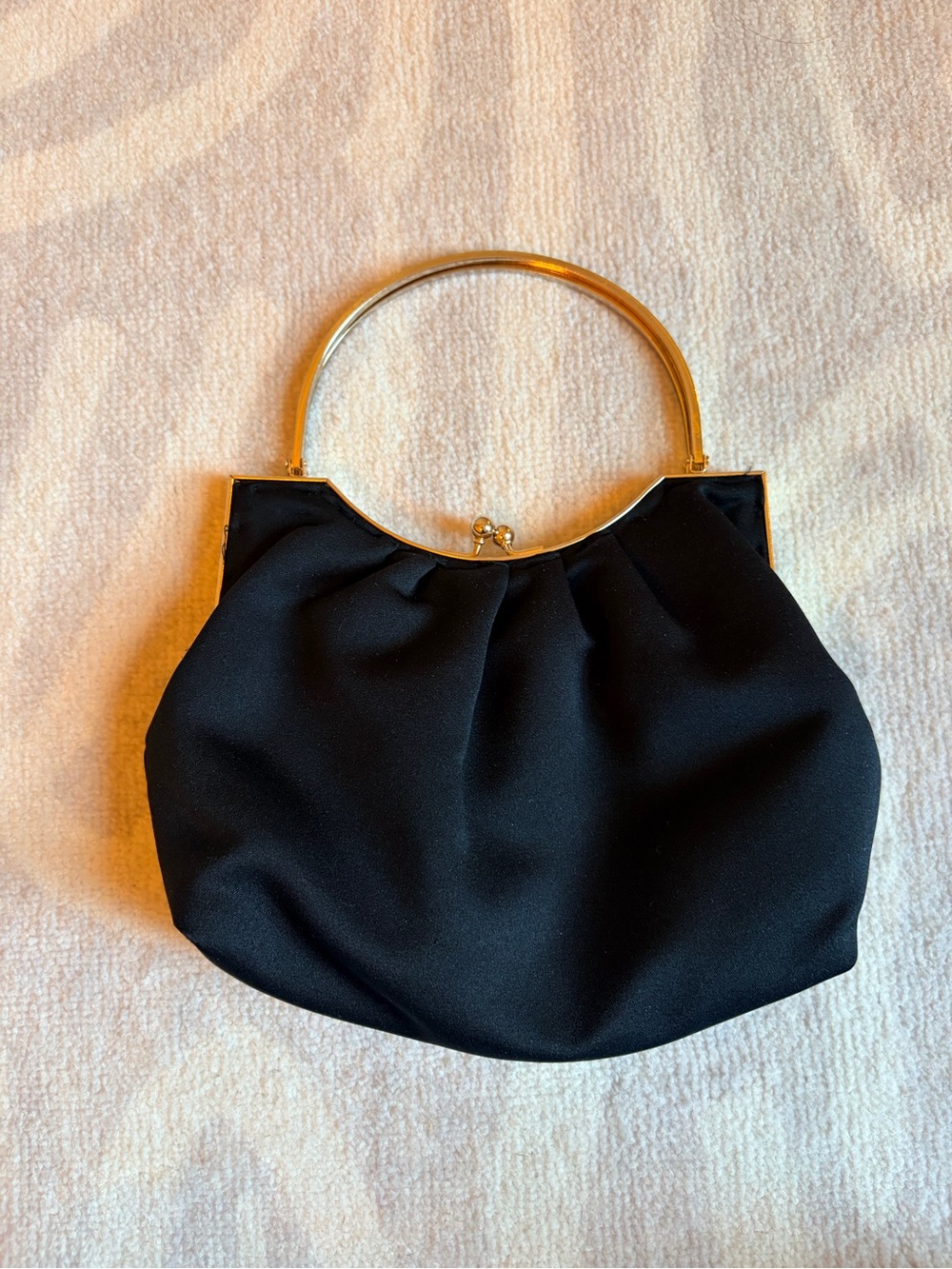 Vintage Black Evening Bag Gold Tone Metal Handle Kiss Lock Purse